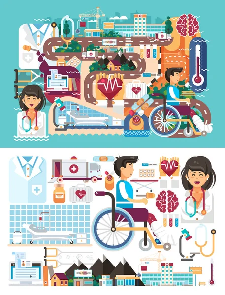 Vector big set design illustration medicine health care of patient medical insurance treatment illness and recovery doctor nurse ambulance on road near hospital pharmacy polyclinic in flat style — Stock Vector