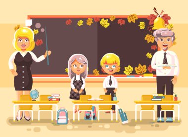 Vektör çizim için geri okul çizgi film karakterleri öğrenci kız öğrenciler öğrenciler çırak öğretmenler oturan sınıfta eğitim arka plan blackboard düz stil tarih ders kitapları ile zımbala