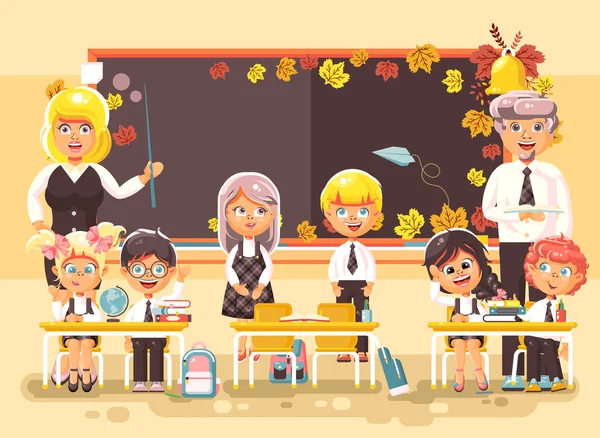 Векторні ілюстрації назад до шкільних мультиплікаційних персонажів школярки учні вчителі, які навчаються в класі, сидячи на стадії з підручниками на фоні дошки плоского стилю — стоковий вектор