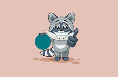 Emoji karakter karikatür Rakun yavrusu tutan dairesel tasarım öğesi etiket ifade mutlu duygu onay bilgi grafik, video, animasyon, web siteleri için başparmak ile vektör illüstrasyon izole