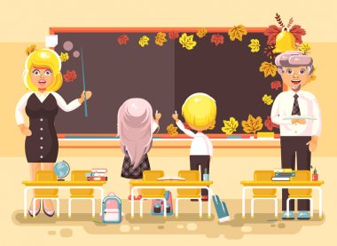 Vektör çizim geri okul çizgi film karakterleri öğrenci kız öğrenci öğrenciler çırak öğretmenler'de eğitim için boş sınıfa standında blackboard düz stil sonbahar arka plan üzerinde zımba yazma