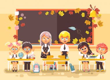 Vektör çizim için elyaf, sınıf daimi blackboard düz stil arka plan yakınındaki öğrenciler ders kitapları ile eğitim geri okul çizgi film karakterleri liseli kız öğrenci çırak