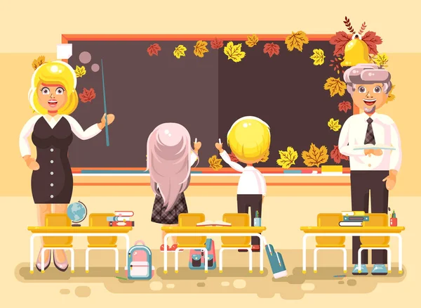 Vektör çizim geri okul çizgi film karakterleri öğrenci kız öğrenci öğrenciler çırak öğretmenler'de eğitim için boş sınıfa standında blackboard düz stil sonbahar arka plan üzerinde zımba yazma — Stok Vektör