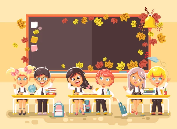 ベクトル イラスト文字少年女子学生生徒弟子に座って教室幸せな同級生で勉強の秋黒板背景フラット スタイルに定番の学校の漫画に戻る — ストックベクタ