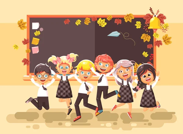 Vectorillustratie terug naar school cartoon tekens schooljongens schoolmeisjes leerlingen leerlingen gelukkig klasgenoten springen in klas op herfst schoolbord platte achtergrondstijl van September — Stockvector