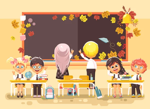 Векторні ілюстрації назад до шкільних мультиплікаційних персонажів школярки пишуть на дошці учням, які навчаються в класі, сидячи на стадії з підручниками на фоні плоского стилю — стоковий вектор