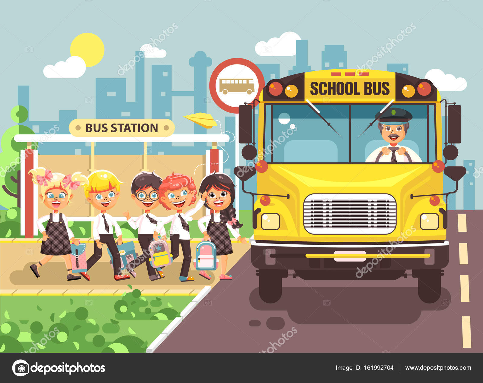 Desenho de ônibus escolar amarelo com placa de parada de ônibus