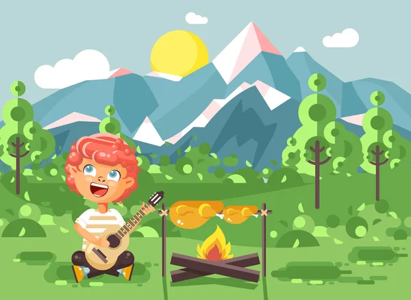 Vector ilustração desenho animado personagem criança menino escoteiro fritar carne em fogo aberto e cantar músicas, tocar guitarra na natureza, regras de sobrevivência, aventura parque ao ar livre fundo de montanhas estilo plano —  Vetores de Stock