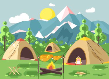 Vektör çizim doğa Milli Parkı manzara üç çadır şenlik ateşi, tavuk Kızarmış sandviçler, aperatif, gıda, sırt çantası, gündüz güneşli gün hiking, kamp, açık arka plan dağlar düz stil