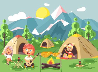 Vektör resim çizgi kahramanlar çocuk çocuk şarkı söylüyor Kız İzciler ile gitar çalmak, doğa, yürüyüş çadır ve sırt çantaları, kamp macera dağlar düz stil park açık arka plan