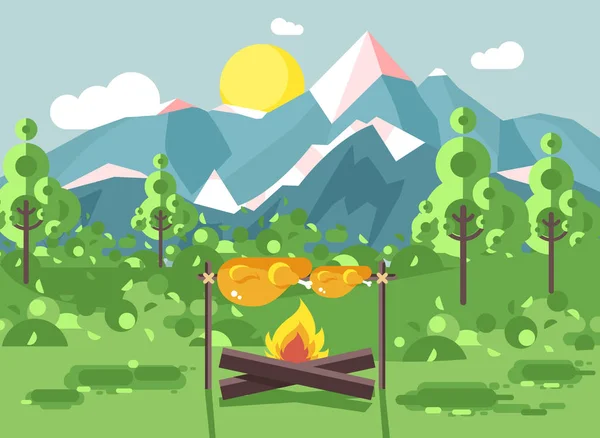 Illustrazione vettoriale campeggio sulla natura, frittura di carne di pollo sul fuoco aperto falò con griglia a legna, avventura, parco all'aperto sfondo di montagne, alberi di sfondo e sole in stile piatto — Vettoriale Stock