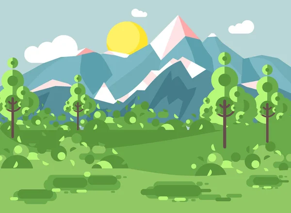 Illustrazione vettoriale cartone animato natura parco nazionale paesaggio con cespugli, prato, alberi, giorno di sole con cielo blu e nuvole bianche sfondo esterno di montagne in stile piatto — Vettoriale Stock