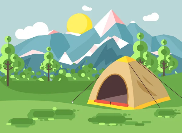 Vetor ilustração desenho animado natureza parque nacional paisagem com tenda solitária camping caminhadas regras de sobrevivência arbustos, gramado, árvores, dia ensolarado diurno, fundo ao ar livre de montanhas em estilo plano —  Vetores de Stock