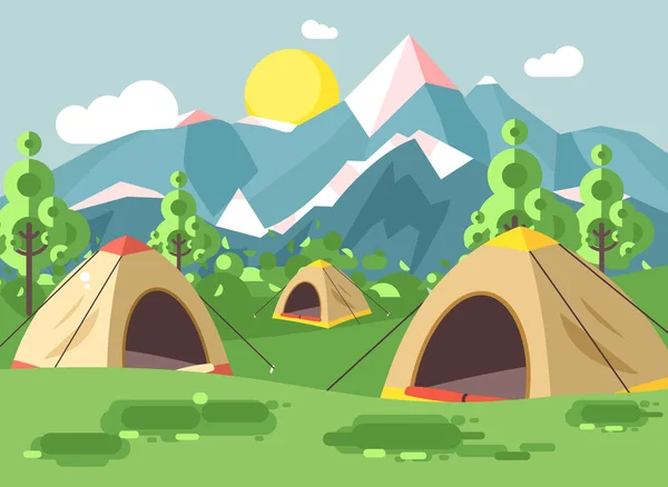 Vetor ilustração desenho animado natureza parque nacional paisagem com três tendas camping caminhadas regras de sobrevivência arbustos, gramado, árvores, dia ensolarado diurno, fundo ao ar livre de montanhas em estilo plano —  Vetores de Stock