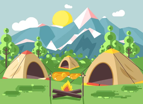 Vetor ilustração desenho animado natureza parque nacional paisagem com três tendas com fogueira, frango fogo aberto é frito acampar caminhadas dia ensolarado, fundo ao ar livre de montanhas estilo plano —  Vetores de Stock