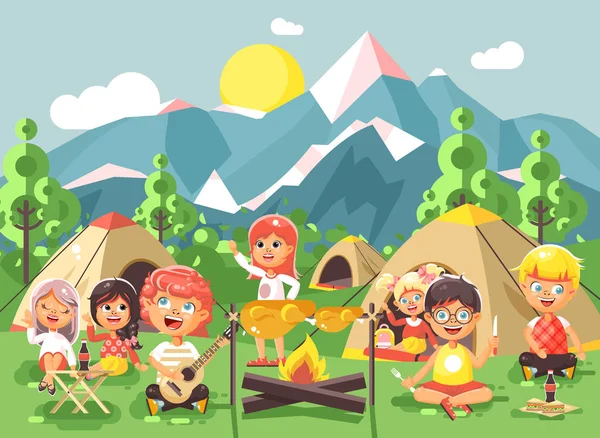 Vektör resim çizgi kahramanlar çocuk çocuk şarkı söylüyor Kız İzciler ile gitar çalmak, doğa, yürüyüş çadır ve sırt çantaları, kamp macera dağlar düz stil park açık arka plan