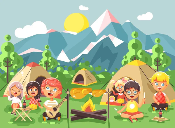 Vector ilustração desenhos animados personagens crianças menino canta tocar guitarra com escoteiros menina, camping na natureza, caminhadas tendas e mochilas, aventura parque ao ar livre fundo de montanhas estilo plano —  Vetores de Stock