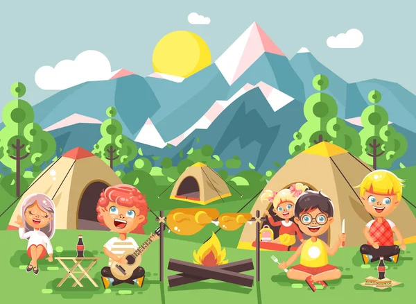 Illustration vectorielle personnages de dessins animés enfants garçon chante jouer de la guitare avec les éclaireuses, camping sur la nature, tentes de randonnée et sacs à dos, parc d'aventure de plein air fond de montagnes style plat — Image vectorielle