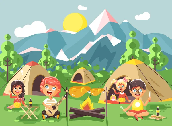 Illustrazione vettoriale personaggi dei cartoni animati bambini ragazzo canta la chitarra con girl scout, campeggio sulla natura, escursioni tende e zaini, parco avventura sfondo esterno di montagne in stile piatto — Vettoriale Stock