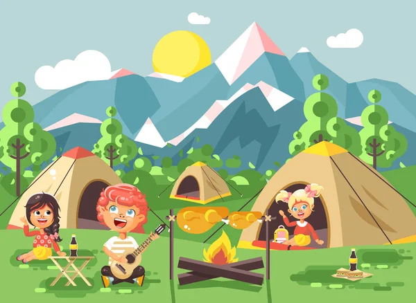 Vector ilustração desenhos animados personagens crianças menino canta tocar guitarra com escoteiros menina, camping na natureza, caminhadas tendas e mochilas, aventura parque ao ar livre fundo de montanhas estilo plano —  Vetores de Stock