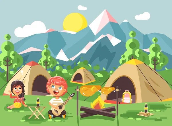 Vector ilustração desenhos animados personagens crianças menino canta tocar guitarra com escoteiros menina, camping na natureza, caminhadas tendas e mochilas, aventura parque ao ar livre fundo de montanhas estilo plano —  Vetores de Stock