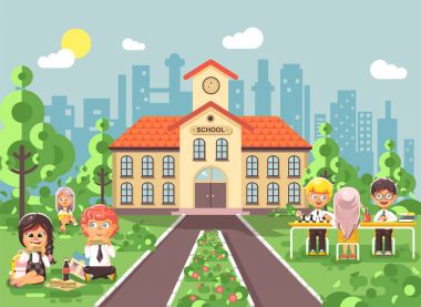 Vektör illüstrasyon çocuk karakterleri liseli kız öğrenci öğrenciler çırak sınıf okul bahçesinde, satranç oynamak, çimenlerin üzerinde yemek, kitap zemin düz stil bina okul okumak otururlar