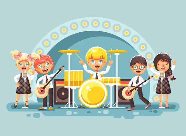 Vettoriale illustrazione bambini musica band gruppo musicale personaggi scolaro scolaretta alunni apprendisti suonare chitarre batteria cantare solo microfono indietro voce rock concerto sul palco in stile piatto — Vettoriale Stock