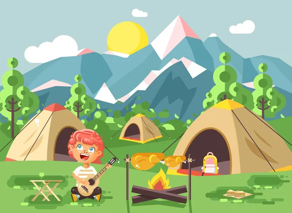 İskambil gitar, doğa Milli Parkı peyzaj, çadır şenlik ateşi, tavuk kızarmış vektör çizim çocuk şarkı söylüyor, snack, gıda, hiking gündüz güneşli gün açık arka plan dağlar düz stil kamp