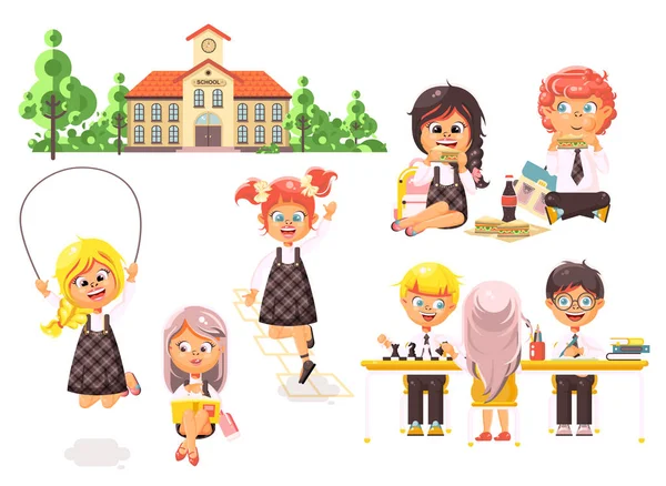 Ilustración vectorial niños aislados personajes colegial colegiala alumnos aprendices compañeros de clase jugar a la cena de ajedrez almuerzo, leer libro saltar cuerda escuela edificio fondo blanco en estilo plano — Vector de stock