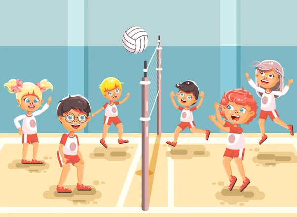 Ilustración vectorial volver a deporte escuela niños carácter colegiala colegiala alumno compañeros de clase juego de equipo jugando voleibol pelota educación física clase gimnasio fondo plano estilo — Vector de stock