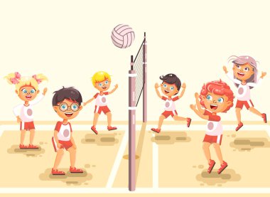 Beden eğitimi sınıfı kumlu plaj arka plan düz stil Voleybol top oynarken geri spor okul çocukları karakter kız öğrenci öğrenci öğrenci sınıf takım oyunu için vektör çizim