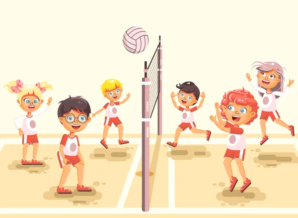 Vektorové ilustrace zpět na sportovní školní děti charakter školačka školák žáka spolužáci týmová hra hrát volejbal míč na tělesné výchovy třídy písečná pláž pozadí plochý — Stockový vektor