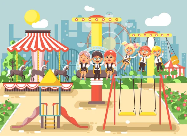 Wektor ilustracja postaci z kreskówek, które dzieci szkolne uczennice kolegów odpoczynku w parku rozrywki jeździć na swing, łańcucha lub Konie carousel, roller coaster ekstremalnych odpoczynku w płaski — Wektor stockowy