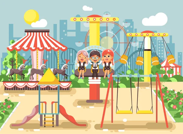 Illustration vectorielle de personnages de dessins animés enfants écoliers écolières camarades de classe reposant dans un parc d'attractions balançoire, chaîne ou carrousel de chevaux, montagnes russes, repos extrême à plat — Image vectorielle