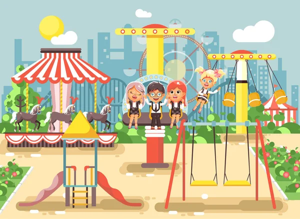 Wektor ilustracja postaci z kreskówek, które dzieci szkolne uczennice kolegów odpoczynku w parku rozrywki jeździć na swing, łańcucha lub Konie carousel, roller coaster ekstremalnych odpoczynku w płaski — Wektor stockowy