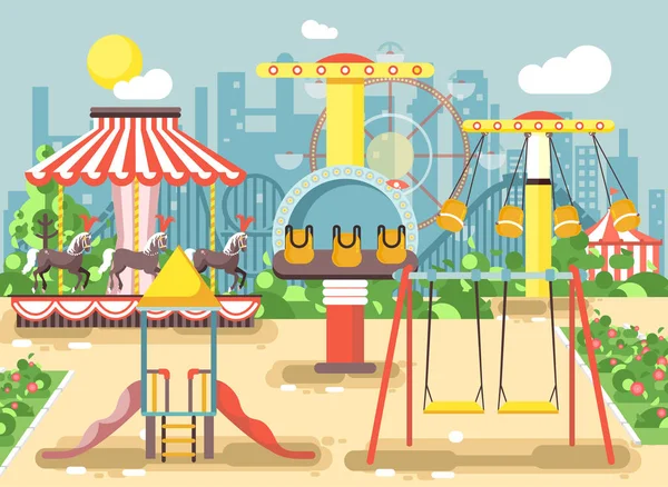 Illustration vectorielle d'un parc d'attractions vide en plein air avec balançoires, carrousels à chaînes ou à chevaux, montagnes russes du carnaval, divertissement et loisirs, repos extrême à plat — Image vectorielle