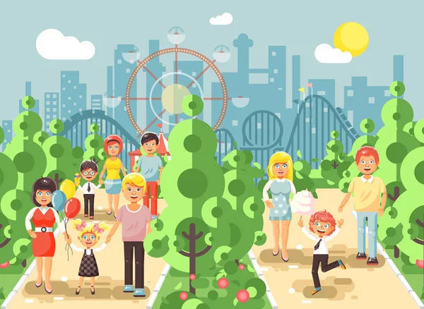 Vektor Illustration Spaziergang Promenade der Eltern mit Kindern, Kindertag, Unterhaltung und Freizeit im Freizeitpark im Freien, Achterbahn Serpentinen Hintergrund, Stadtbild flachen Stil — Stockvektor