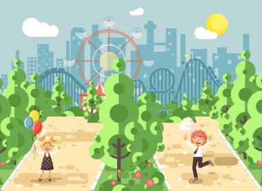 Vektör çizim yürümek yürüyüş mesire çocuk, kız, okul çocukları, sınıf alt s gün, Balonlar, pamuk şeker eğlence parkı açık, lunapark treni kıvrımı arka plan düz stil yemek