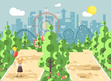 Vektör çizim yürümek yürüyüş mesire kız, okul çocuk, çocuk günü, eğlence parkı açık, lunapark treni kıvrımı arka plan düz tarzda sokakta kaldırım ellerinde balonlar tutar