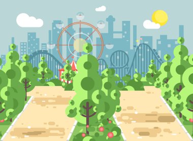 Sahne manzara, sokak, kaldırım, ağaçlar ve eğlence parkı açık, lunapark treni kıvrımı arka planda düz stil üzerinde çalıların vektör çizim