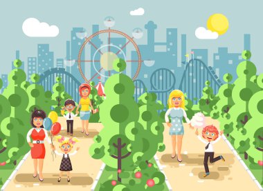 Vektör çizim yürüyüş yürüyüş mesire erkek ve kız anneler, çocuk s ya da anne s gün, sokakta kaldırım eğlence parkı açık üzerinde pamuk şeker, lunapark treni kıvrımı arka plan düz stil ile