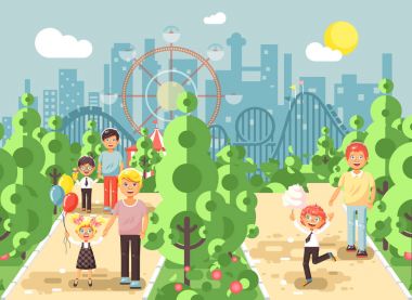 Vektör çizim yürüyüş yürüyüş mesire erkek ve kız babalar, çocuk s ya da baba s gün, sokakta kaldırım eğlence parkı açık üzerinde pamuk şeker, lunapark treni kıvrımı arka plan düz stil ile
