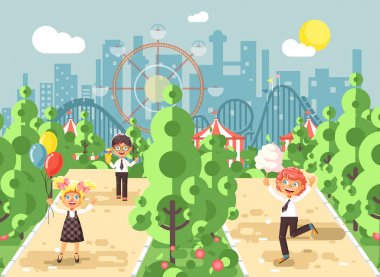 Vektör çizim yürüyüş yürüyüş mesire çocuklar kız çocuk çocuk s gün, Balonlar, dondurma, pamuk şeker sokak kaldırım eğlence parkı açık, lunapark treni kıvrımı arka plan düz stil