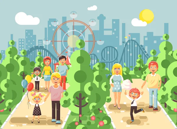 Vektör çizim yürüyüş mesire ebeveynlerin çocuk, çocuk s gün, balonlar ile yürümek, dondurma ve pamuk şeker eğlence parkı açık, lunapark treni kıvrımı arka plan düz stil yemek