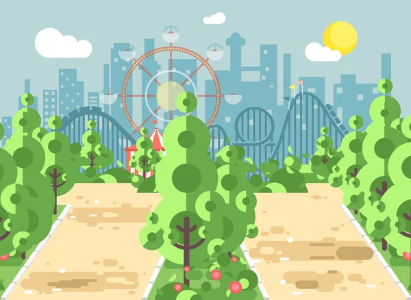 Sahne manzara, sokak, kaldırım, ağaçlar ve eğlence parkı açık, lunapark treni kıvrımı arka planda düz stil üzerinde çalıların vektör çizim