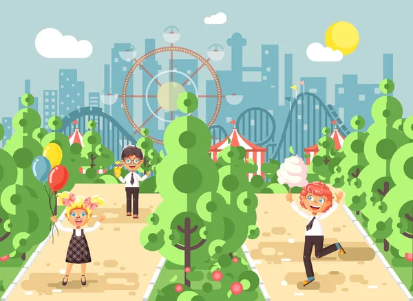 Vektör çizim yürüyüş yürüyüş mesire çocuklar kız çocuk çocuk s gün, Balonlar, dondurma, pamuk şeker sokak kaldırım eğlence parkı açık, lunapark treni kıvrımı arka plan düz stil