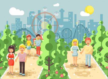 Vektör çizim yürüyüş yürüyüş mesire çiftler, erkek ve kadın tarihi, aşık, Sevgililer s gün, sokakta kaldırım eğlence parkı açık, lunapark treni kıvrımı arka planda düz stil