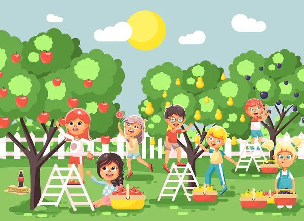 Vektor gambar karakter kartun anak-anak laki-laki dan perempuan panen buah matang musim gugur kebun kebun kebun kebun dari prem, pir, pohon apel, menempatkan tanaman di lapangan basket penuh adegan luar datar gaya - Stok Vektor