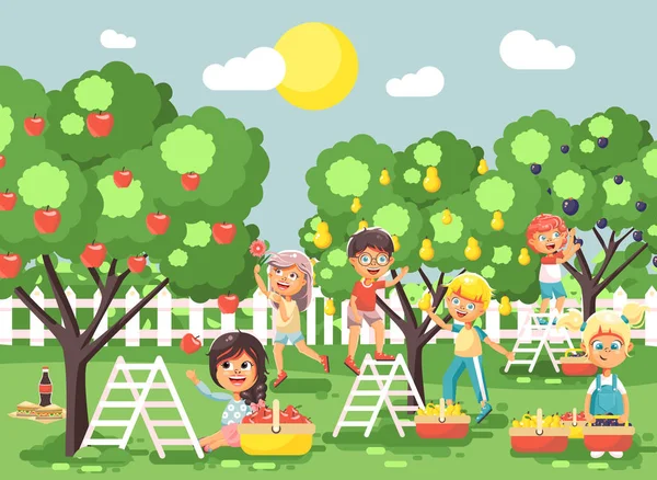 Vetor ilustração desenhos animados personagens crianças meninos e meninas colheita frutos maduros outono pomar jardim de ameixa, pêra, macieiras, colocar a colheita no cesto completo paisagem cena ao ar livre estilo plano —  Vetores de Stock