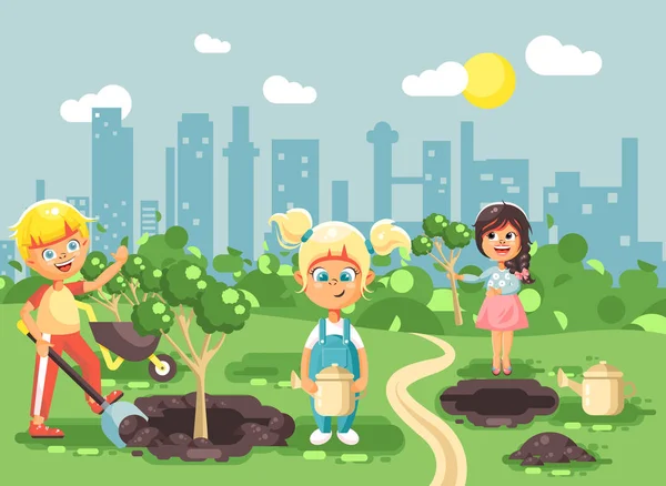 Vektori kuvitus sarjakuvahahmoja lasten poika ja tyttö istutus puutarhassa taimet puu, pieni lapsi veden pelle, huolehtiminen ekologia kaupunki tasainen tyyli liikkeen suunnittelu — vektorikuva